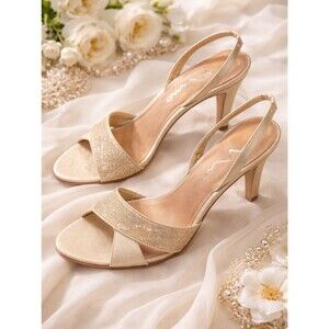 Champagne Gold Slingback Heels Nina Mesh Sandals Wedding Guest Bridal Size 10 M